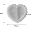 A heart-shaped silicone tray mold with a decorative ruffled edge and a cross design, shown with dimension lines.