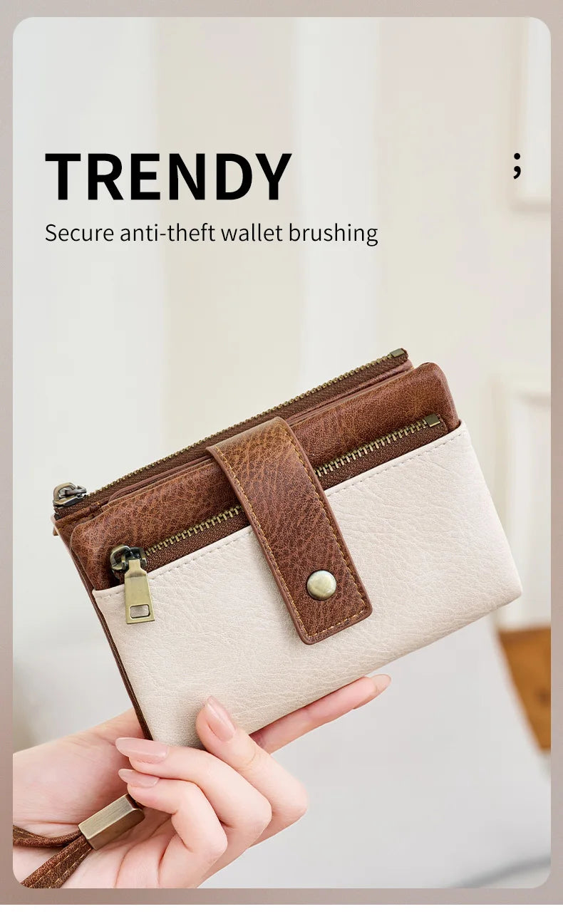 Vintage RFID-Blocking Triple-Fold Wallet with Double Zipper