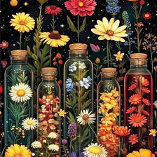 A vibrant floral diamond painting kit featuring various colorful flowers and foliage against a dark background.