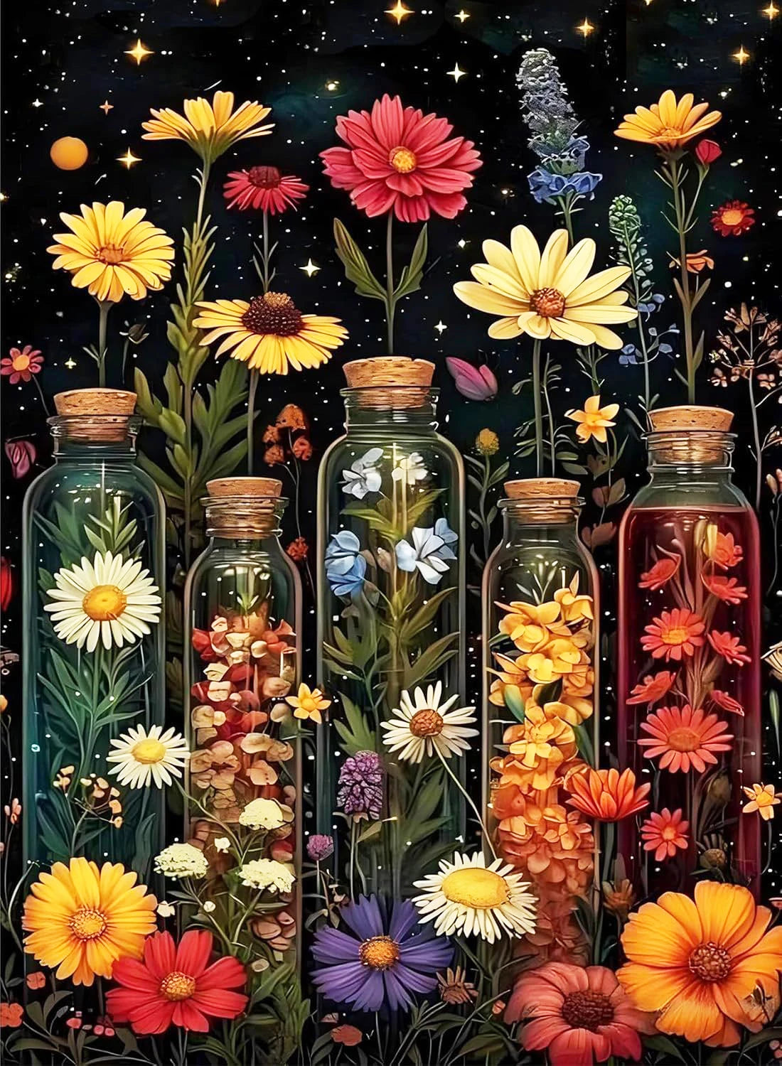 A vibrant floral diamond painting kit featuring various colorful flowers and foliage against a dark background.