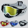 A set of three motorcycle goggles in red, blue, and black, shown from different angles.