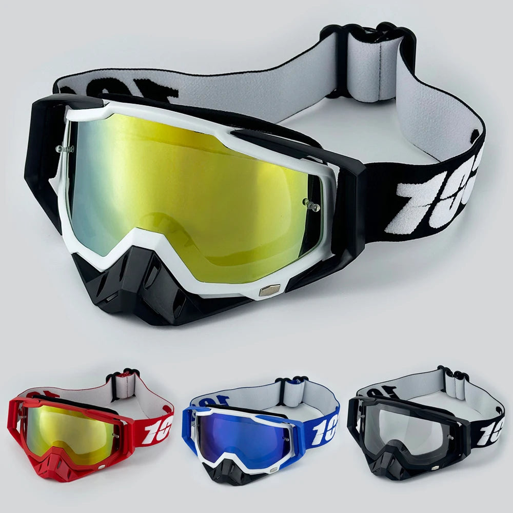 A set of three motorcycle goggles in red, blue, and black, shown from different angles.