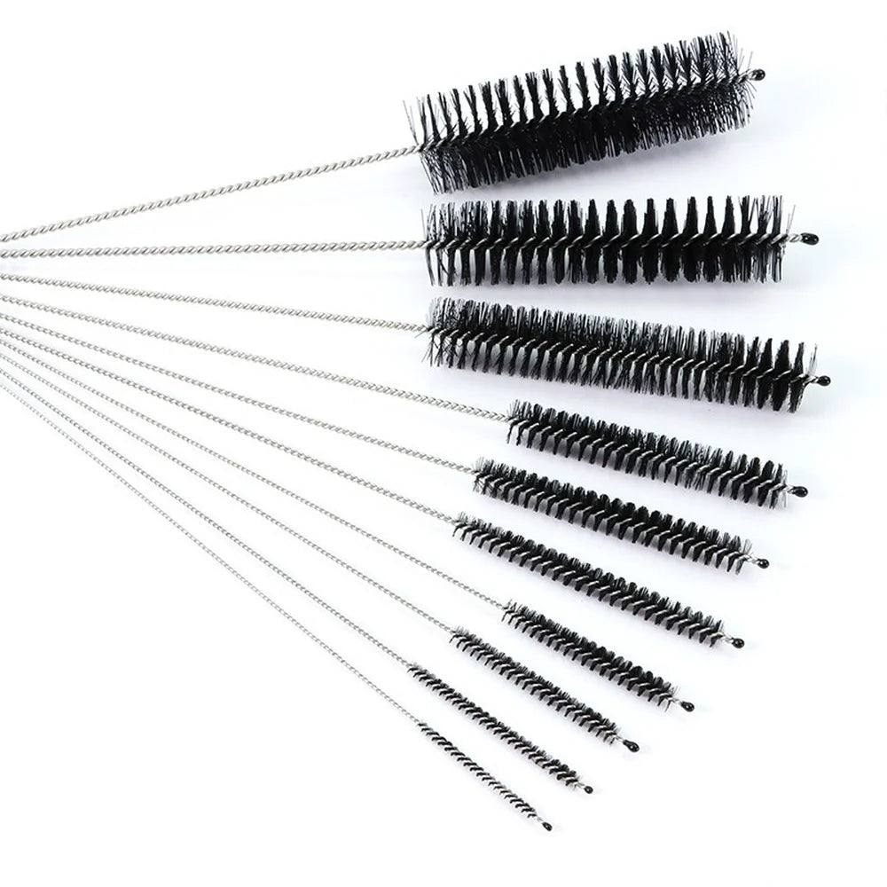 A set of ten nylon bottle and straw cleaning brushes with black bristles displayed on a white background.