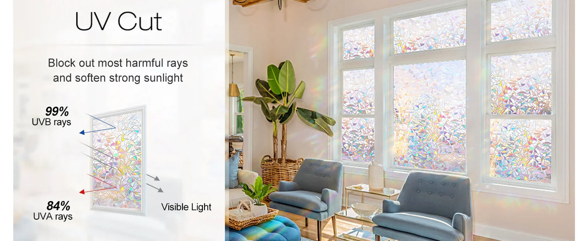 A window with 3D rainbow privacy film installed, showing colorful light filtering through the glass.