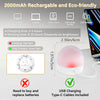 A white rechargeable LED smart bulb is shown next to various electronic devices and charging cables.