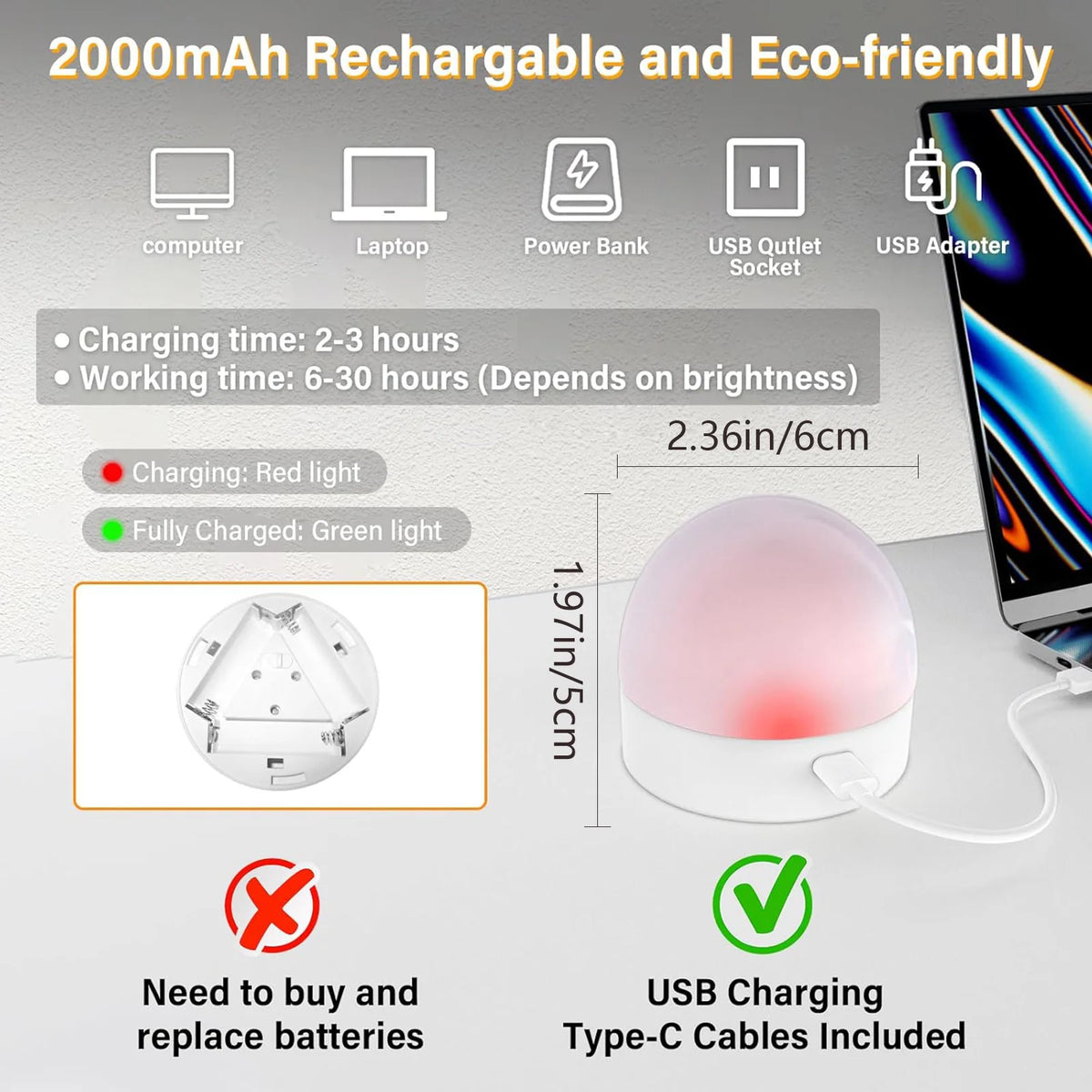 A white rechargeable LED smart bulb is shown next to various electronic devices and charging cables.