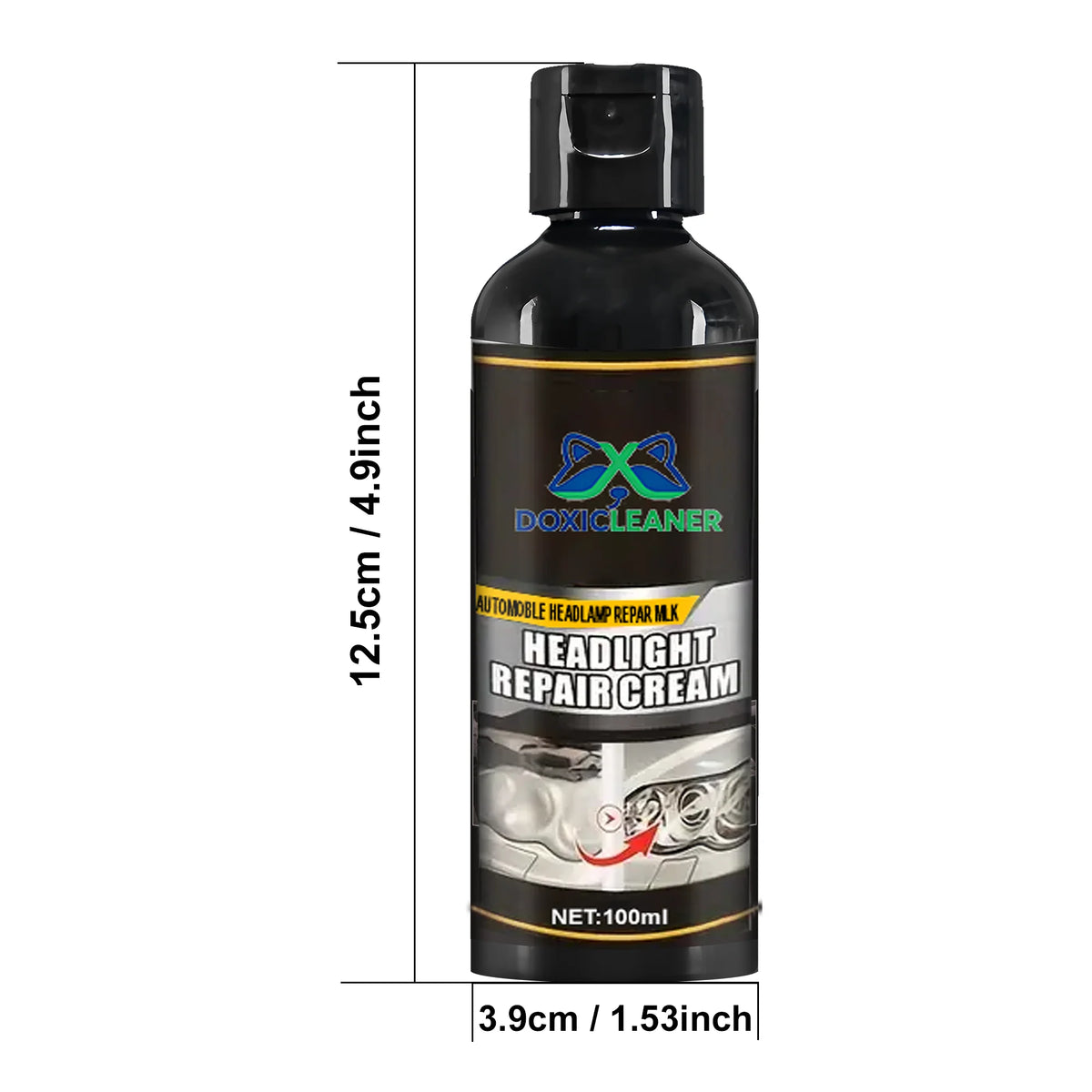 A dark bottle of headlight repair cream with a black cap and a label indicating its use for headlight restoration.