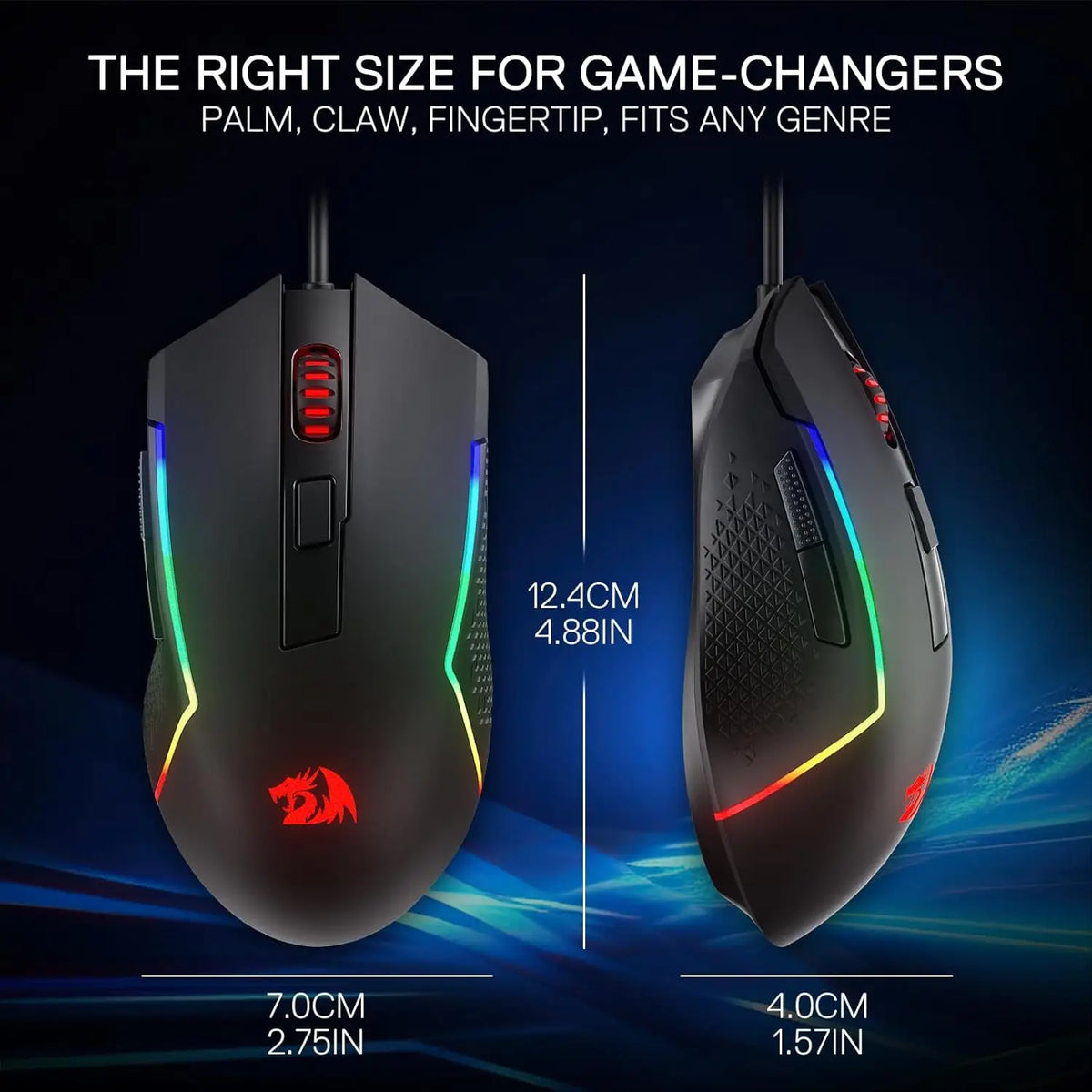 A side-by-side comparison of a large gaming mouse and a small gaming mouse, highlighting their sizes for different grips.