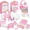 A pink and white dollhouse furniture set including a vanity, toilet, chair, and bed for pretend play.