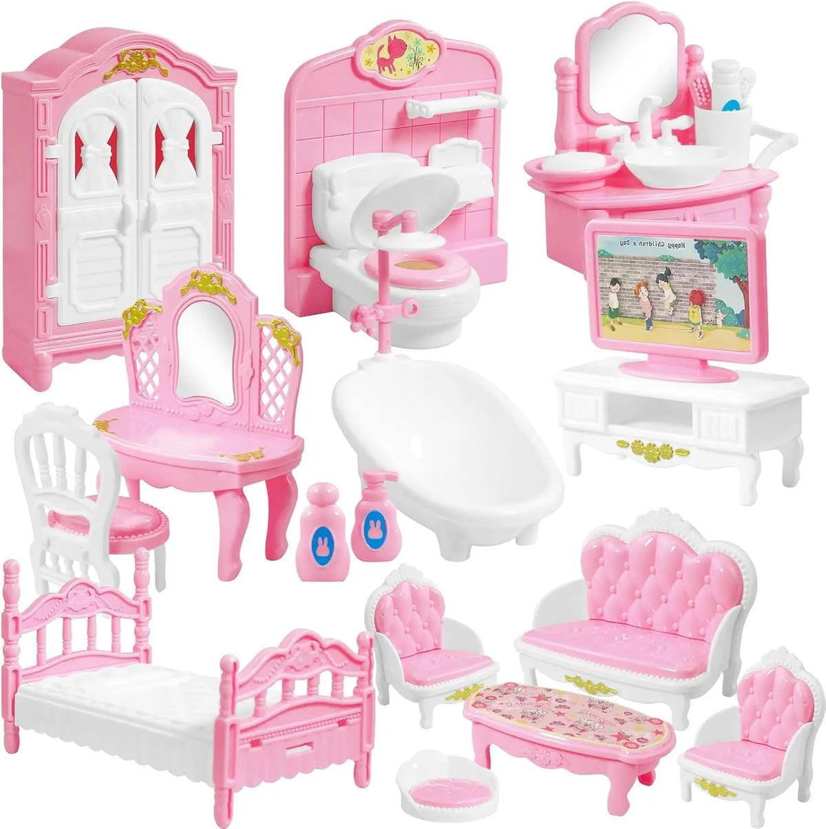 A pink and white dollhouse furniture set including a vanity, toilet, chair, and bed for pretend play.