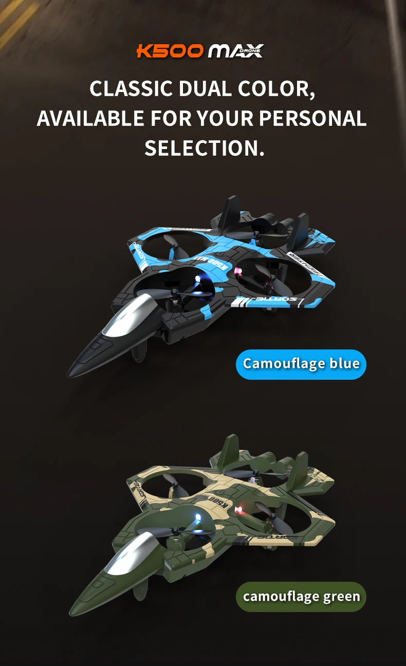 Two models of the K500 MAX remote control fighter plane are shown, one in camouflage blue and one in camouflage green.