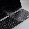 A clear TPU keyboard cover is shown resting on a black laptop keyboard.