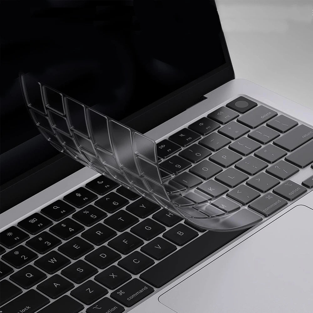 A clear TPU keyboard cover is shown resting on a black laptop keyboard.