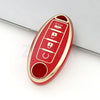 A red and gold TPU car key case cover with multiple key slots for Nissan and Infiniti models.