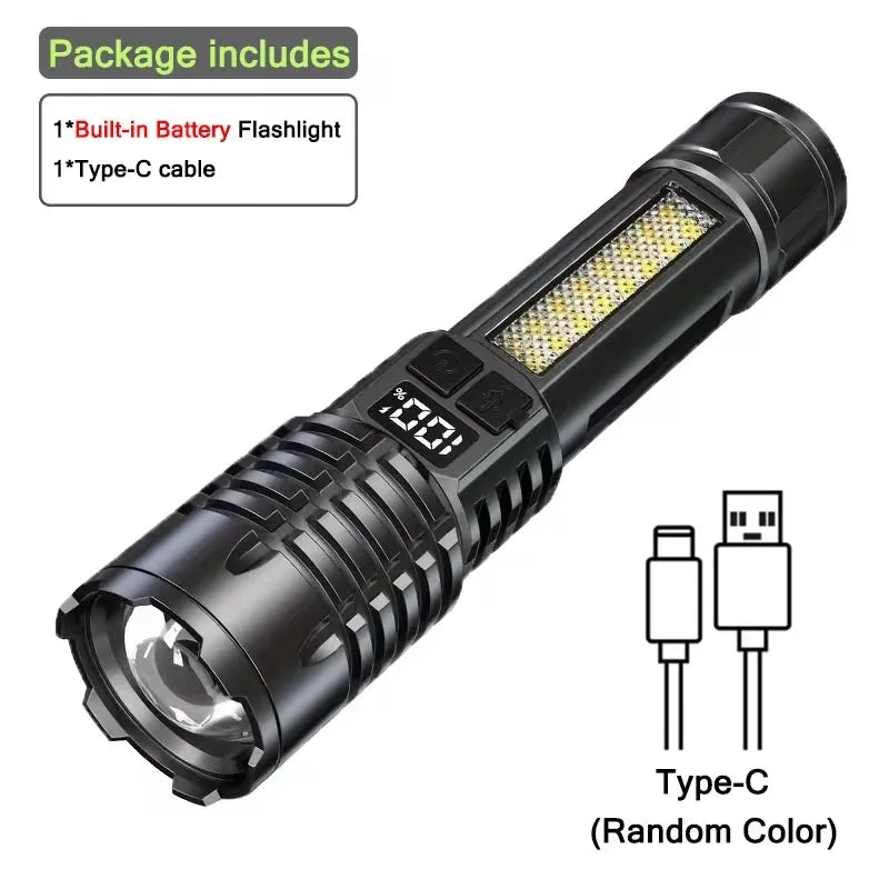 A black LED flashlight with a telescopic lens and Type-C cable is shown, featuring a random color.