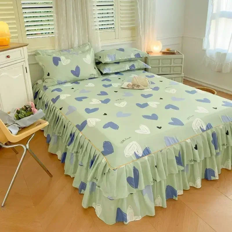 Floral Bed Skirt Set with Anti-Slip Mattress Cover