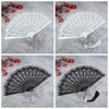 Four views of a vintage lace folding hand fan in white and black, showing its size and design.