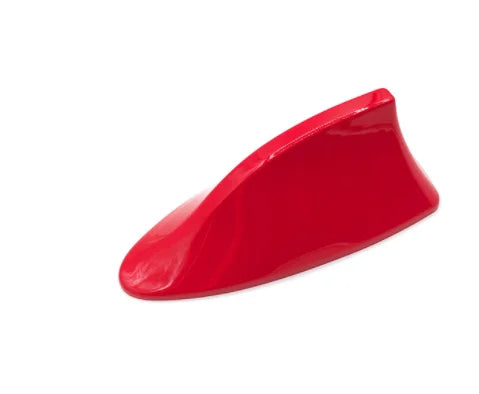 A bright red universal car shark fin antenna cover for FM/AM signal enhancement.