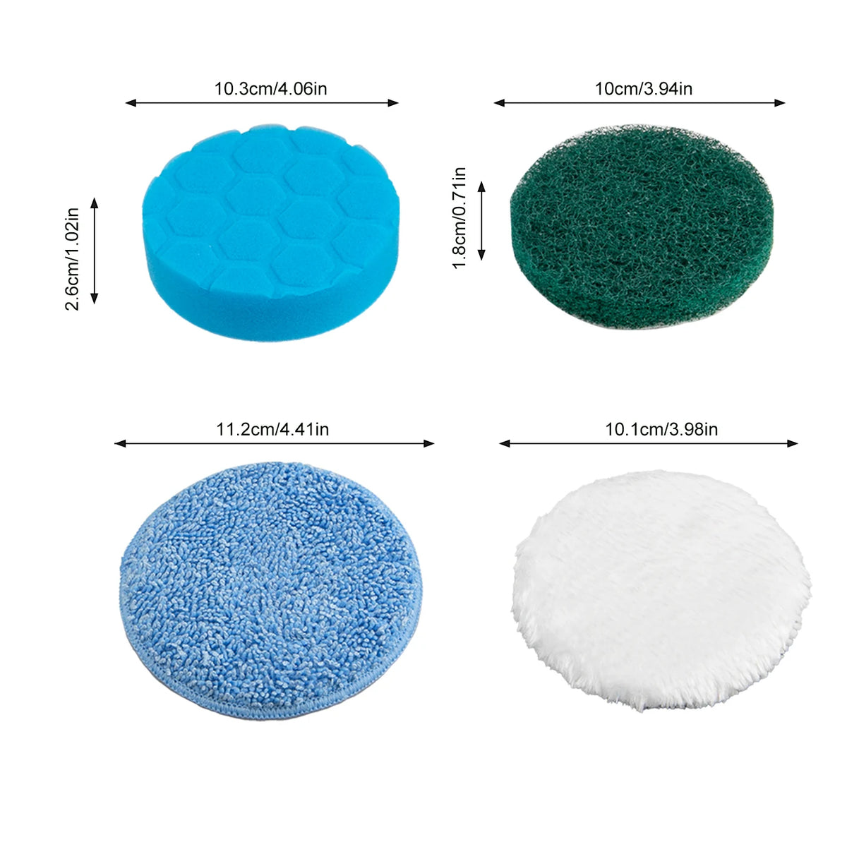 Four replacement brush heads for electric scrubbers in blue, green, light blue, and white.