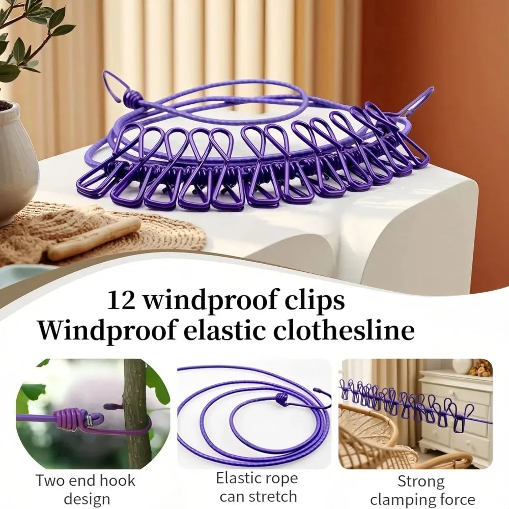 Purple elastic clothesline with 12 windproof clips shown on a white surface.