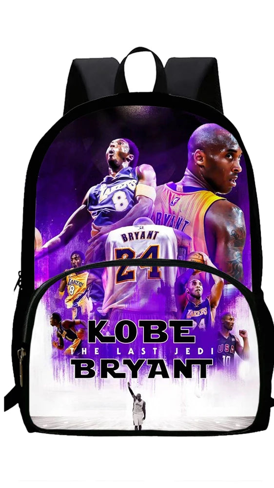 Black backpack featuring a graphic of Kobe Bryant and LeBron James with the text The Last Jedi Bryant