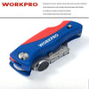 A blue and red WorkPro utility knife with a silver blade holder is shown in a close-up view.