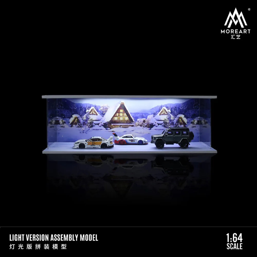 A light version assembly model of a 1:64 scale miniature garage diorama kit featuring vehicles in a snowy winter scene.