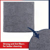 A gray kitchen cleaning towel is shown with an arrow pointing to its strong anti lint fibers for better cleaning.