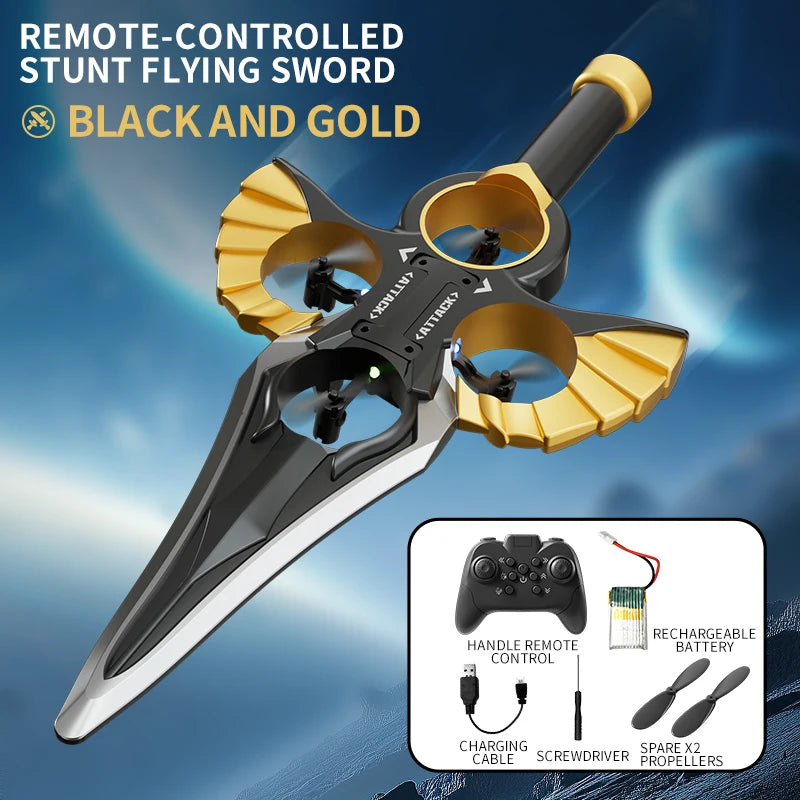 Black and gold remote-controlled stunt flying sword with propellers and accessories