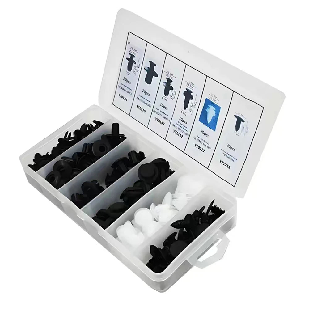 A plastic box containing various auto trim panel retainer clips and other small fasteners for body repair.
