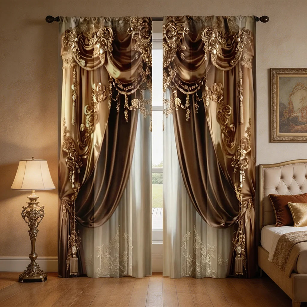 A pair of luxurious brown and gold Baroque print curtain panels hanging in a window.