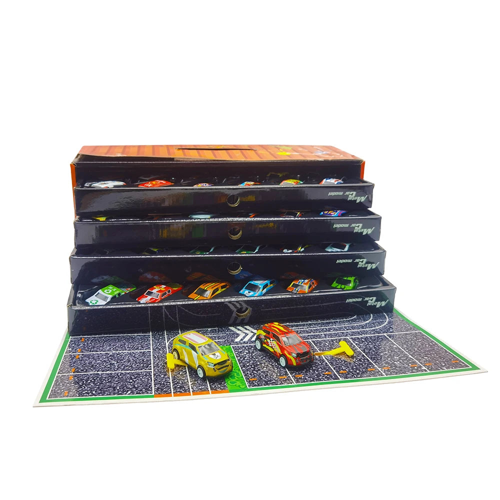 A black storage box filled with mini pull-back plastic toy cars and vehicles.
