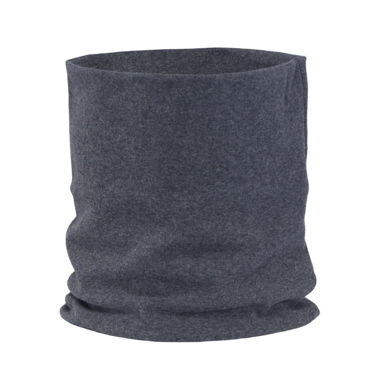 A dark gray, knitted neck warmer or scarf for men and women.
