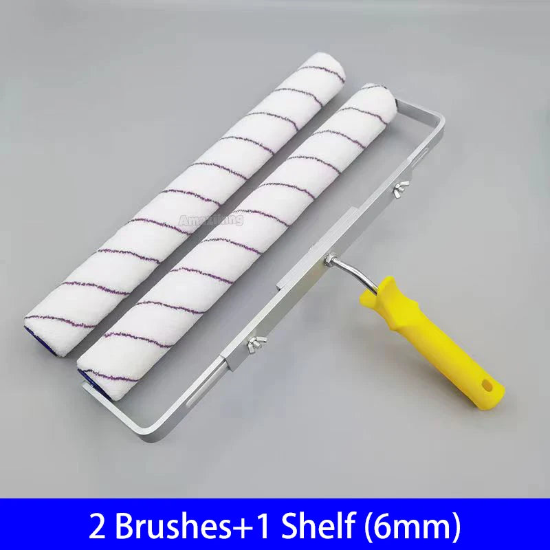 A set of two white paint brushes and one shelf are displayed on a gray background.