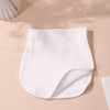 A white, ribbed baby burp cloth is displayed on a light pink surface.