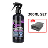 Bouteille noire de spray de revêtement céramique avec pompe et trois chiffons microfibres gris.