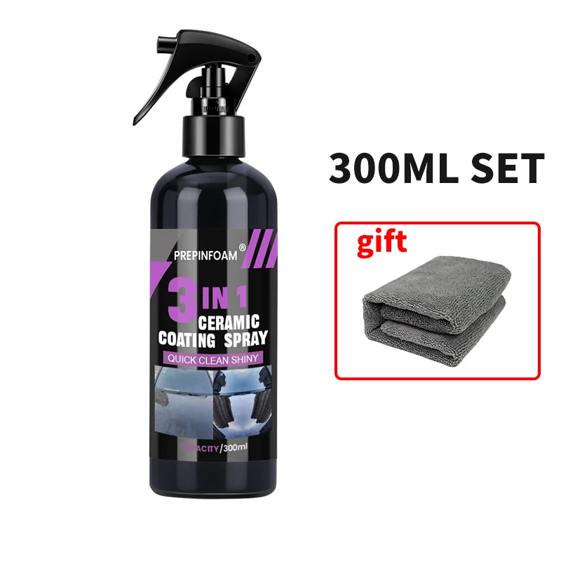 Bouteille noire de spray de revêtement céramique avec pompe et trois chiffons microfibres gris.