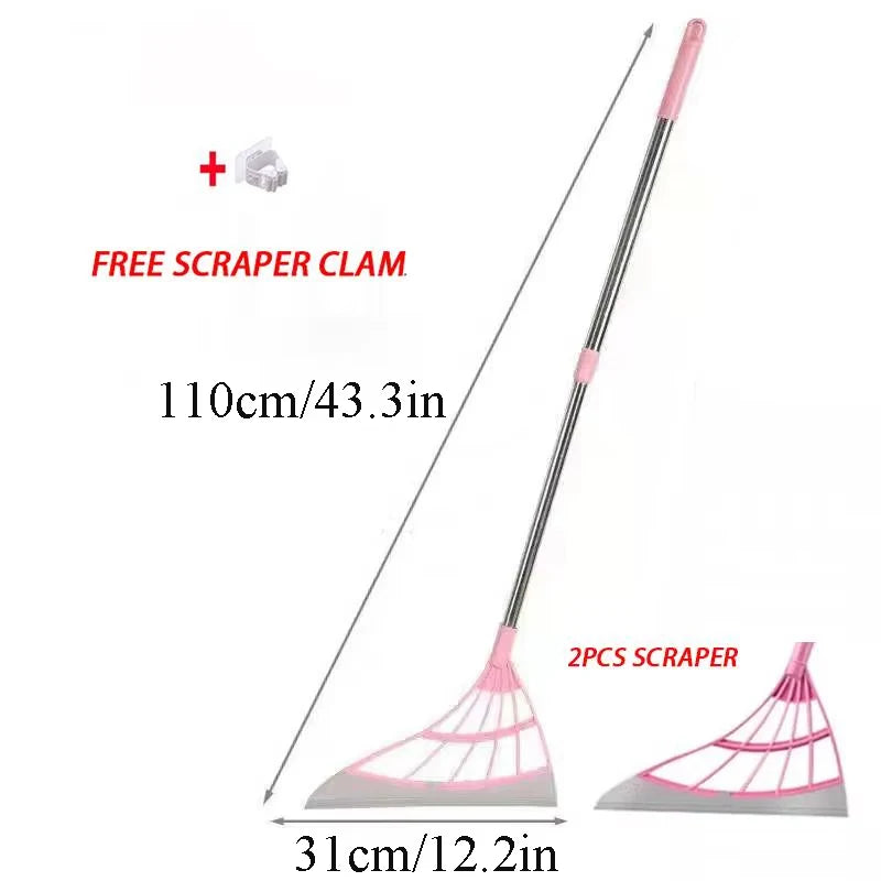 A silicone squeegee broom with a long adjustable handle and a pink head, shown next to its components.
