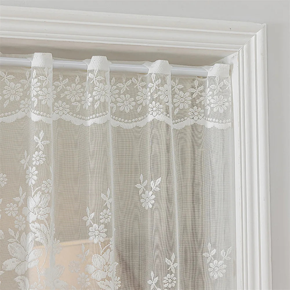 White Sheer Lace Curtain Valance with Floral Jacquard Pattern