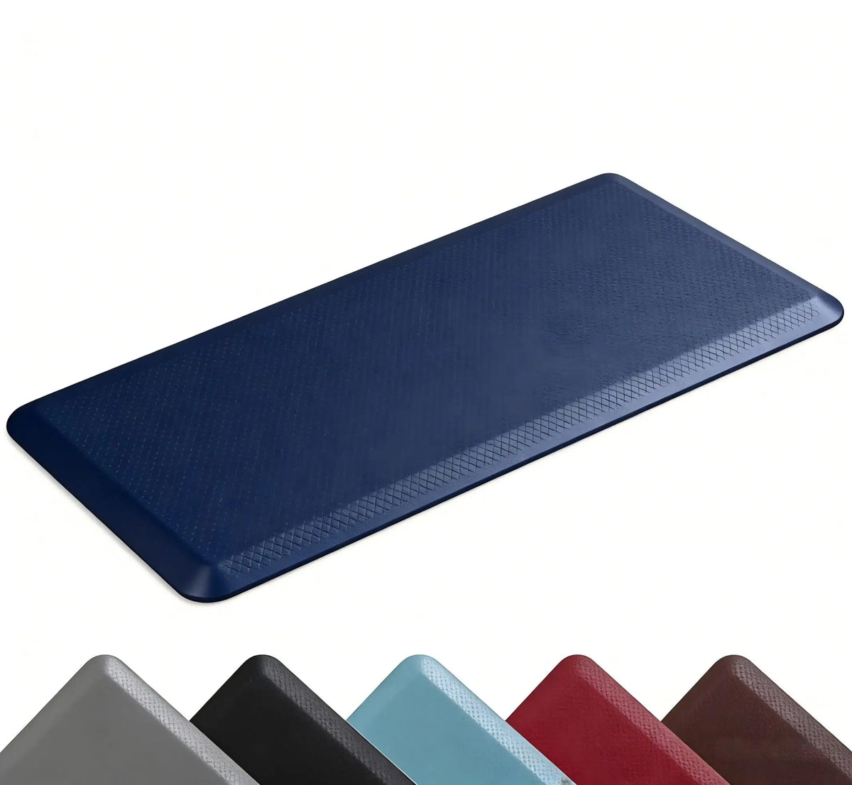 A dark blue anti-fatigue standing mat with a textured, non-slip surface shown from above.