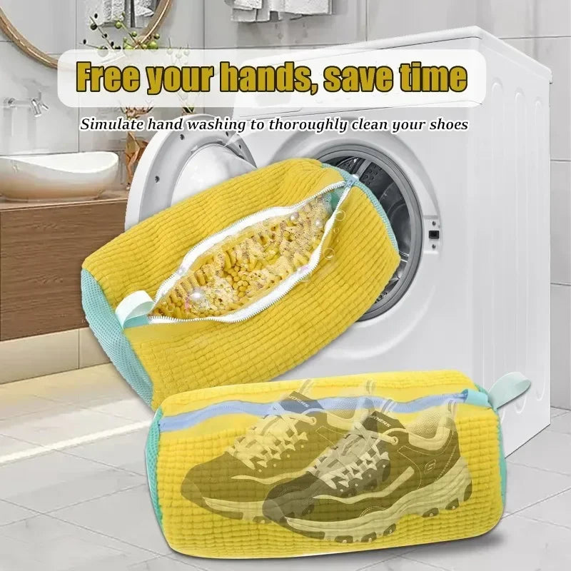 Yellow mesh shoe wash bag with a soft lining used for cleaning shoes.