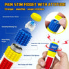 A close-up view of a multi-functional fidget toy featuring spiked rollers and a button clicker.