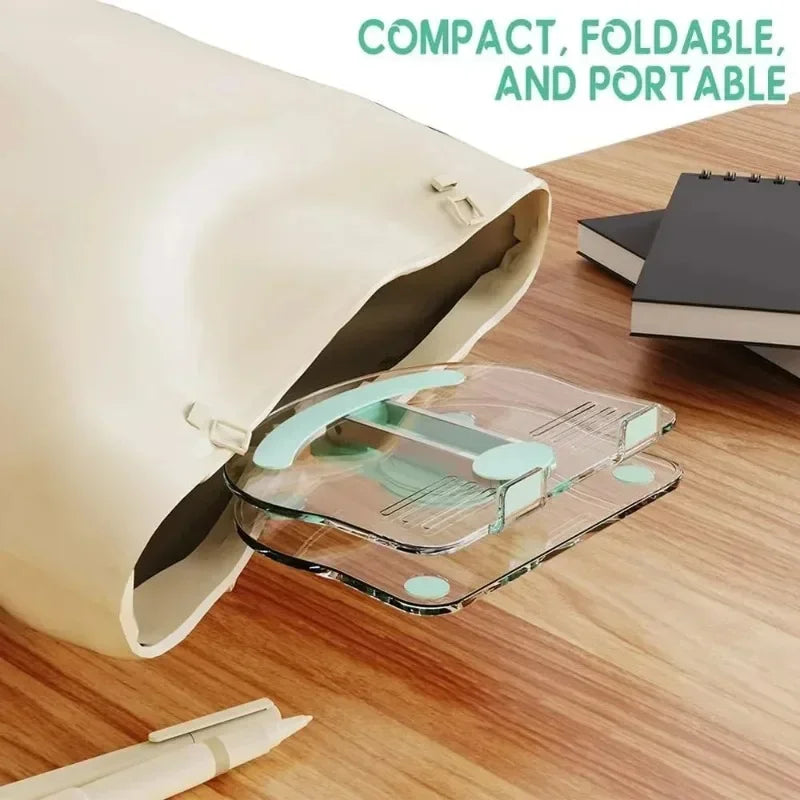A clear acrylic tablet stand is shown inside a light-colored foldable case on a wooden surface.