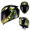 A black full face motorcycle helmet with a yellow and green graphic design shown from the side and top views.