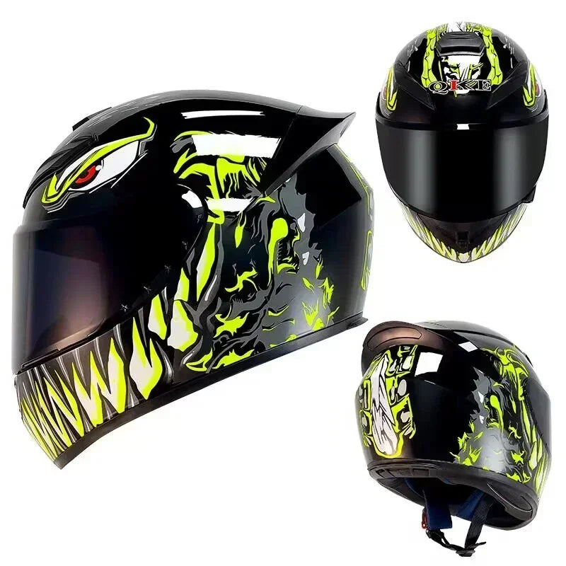 A black full face motorcycle helmet with a yellow and green graphic design shown from the side and top views.