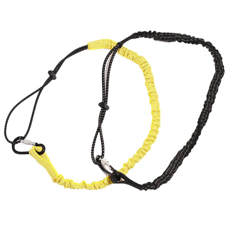 A yellow and black bungee tether with a carabiner hook is shown against a white background.