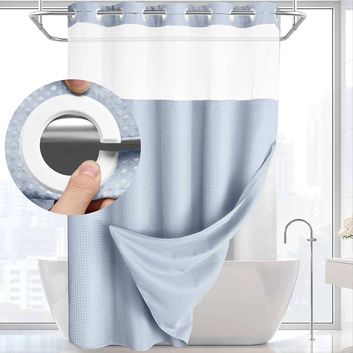 A light blue dotted waffle weave shower curtain hanging on a rod with a snap-in liner visible.
