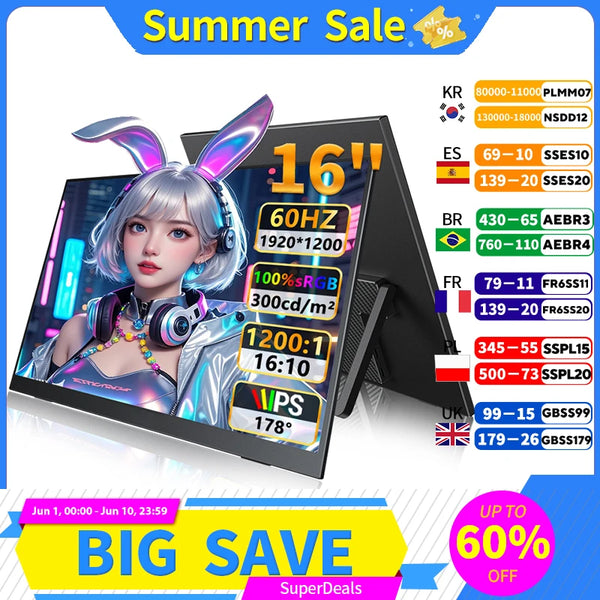 A 16-inch portable IPS monitor is displayed with various technical specifications and sale information.