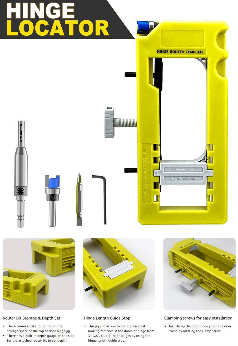 Yellow hinge locator tool with a router template and guide stop for precision door hinge installation