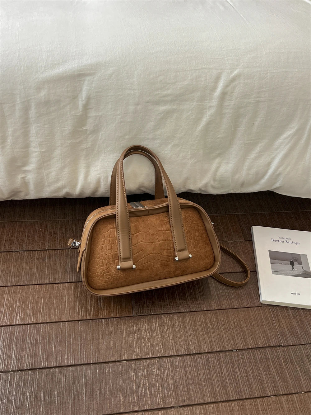 Vintage Croc-Embossed Mini Boston Bag with Dual Straps